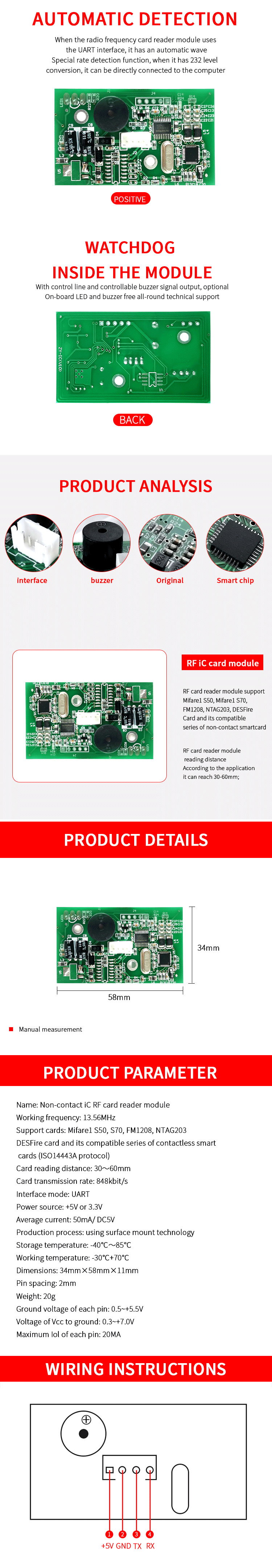 13.56mhz M1 IC ISO14443A TİP A RS485 RS232 UART arayüzü RFID Kart Okuyucu Modülü