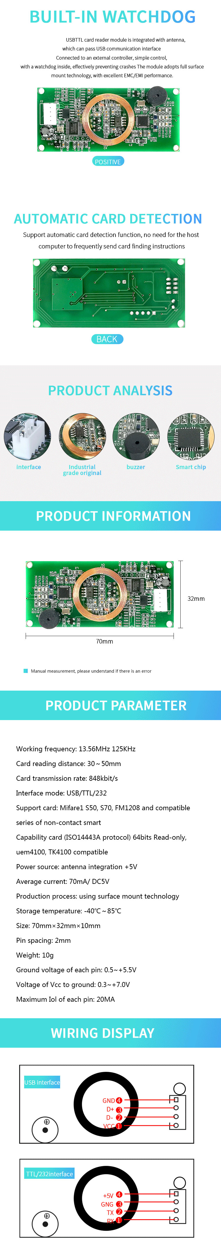 13.56mhz 125khz çift frekanslı RFID temassız USB/RS232/UART özelleştirilmiş akıllı kart okuyucu modülü